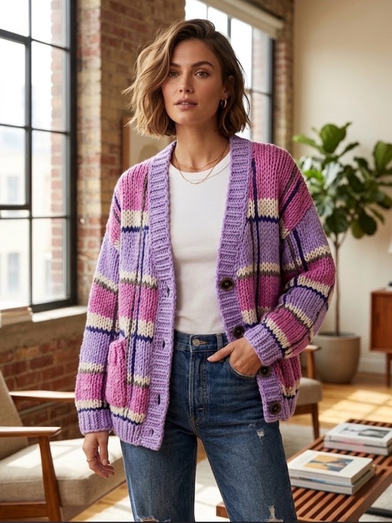 Natasha Zinko Sweaters - Natasha Zinko Pink and Lavender Striped Oversized Cardigan